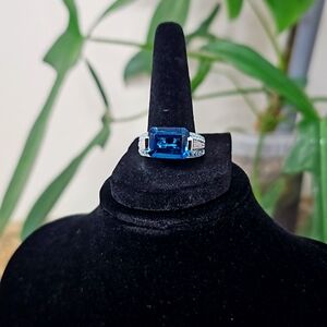 14k white gold and London Blue Topaz ring with white topaz. Hefty!
